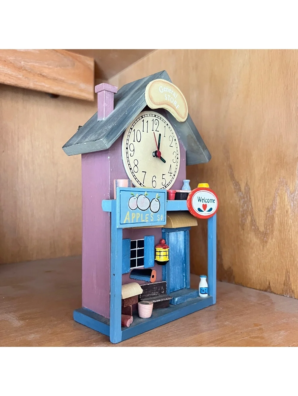 Wooden General Store Wall Clock with Decorative Details - Working